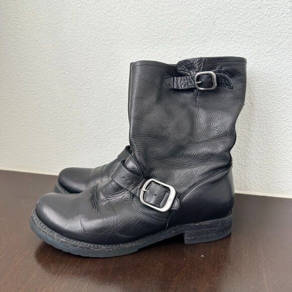Frye Engineered Motorcycle Boots Black Pebbled Leather Buckle Grunge Women's 7.5
